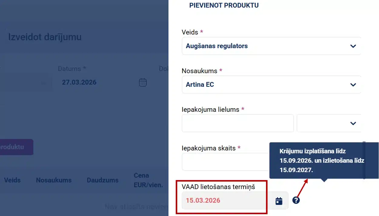 Augu aizsardzības līdzekļa termiņš sistēmā "Mans Lauks"